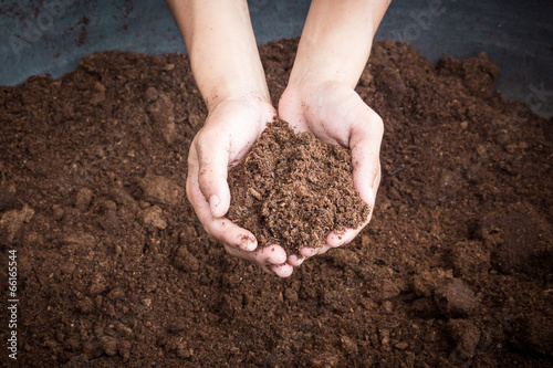 peat moss soil on hand woman