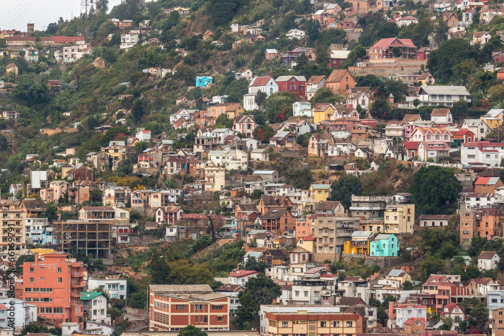 Densely packed houses on the hills of Antananarivo