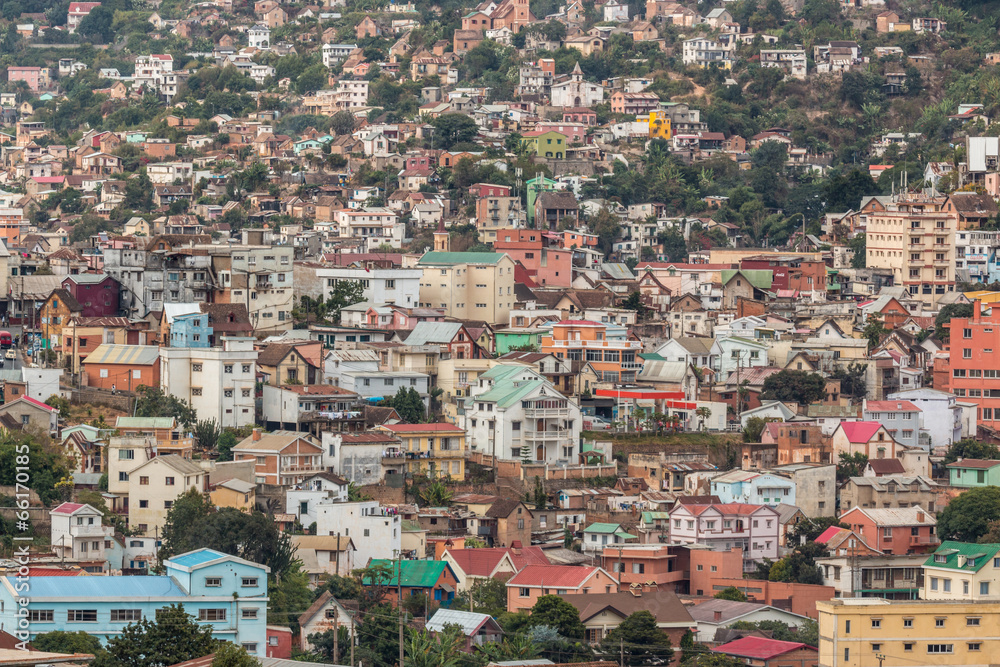Densely packed houses on the hills of Antananarivo
