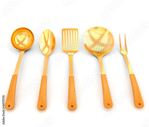 gold cutlery on white background