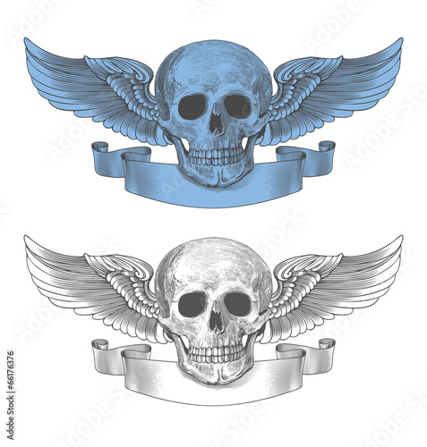 Skull with wings and ribbon in vintage engraving style