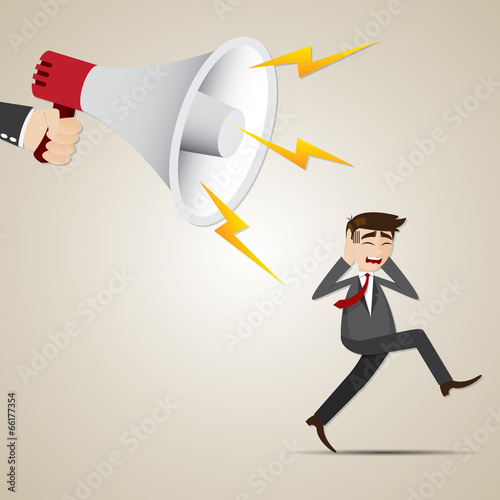 cartoon businessman run away from big megaphone