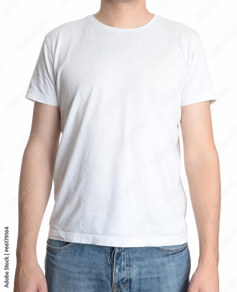 Man wearing blank t-shirt isolated on white background with copy space Man wearing blank t-shirt isolated on white background with copy space