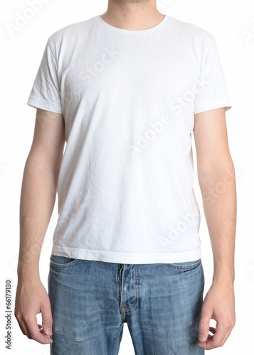 White t-shirt on a young man template isolated on white