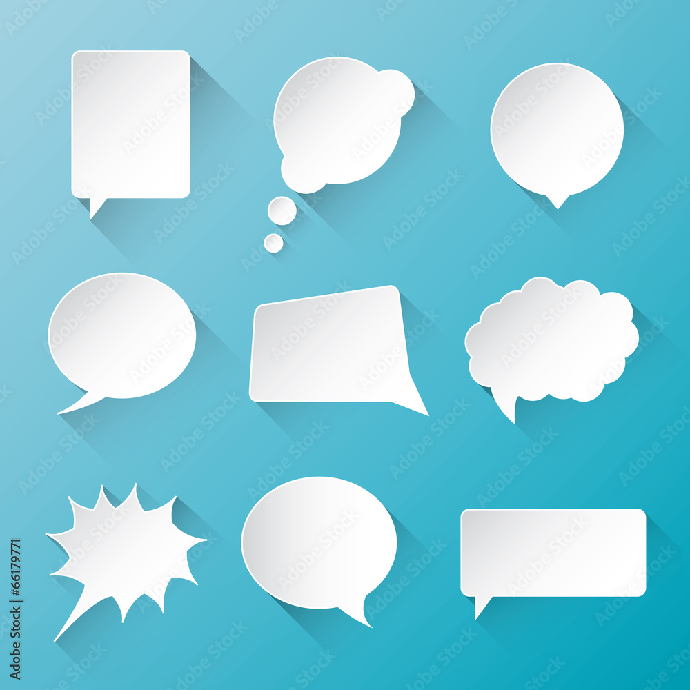 White vector speech bubble clouds with flat long shadow