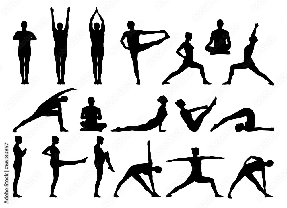 big set of people practicing yoga silhouettes big set of people practicing yoga silhouettes