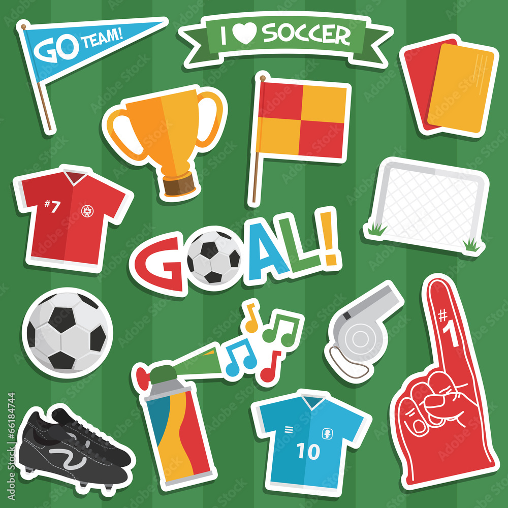 Collection of vector clip art football stickers with soccer kit and banners on green striped background