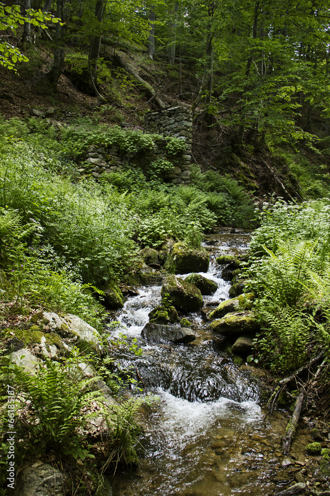 Mountin waterfall near ruined mill Mountin waterfall near ruined mill