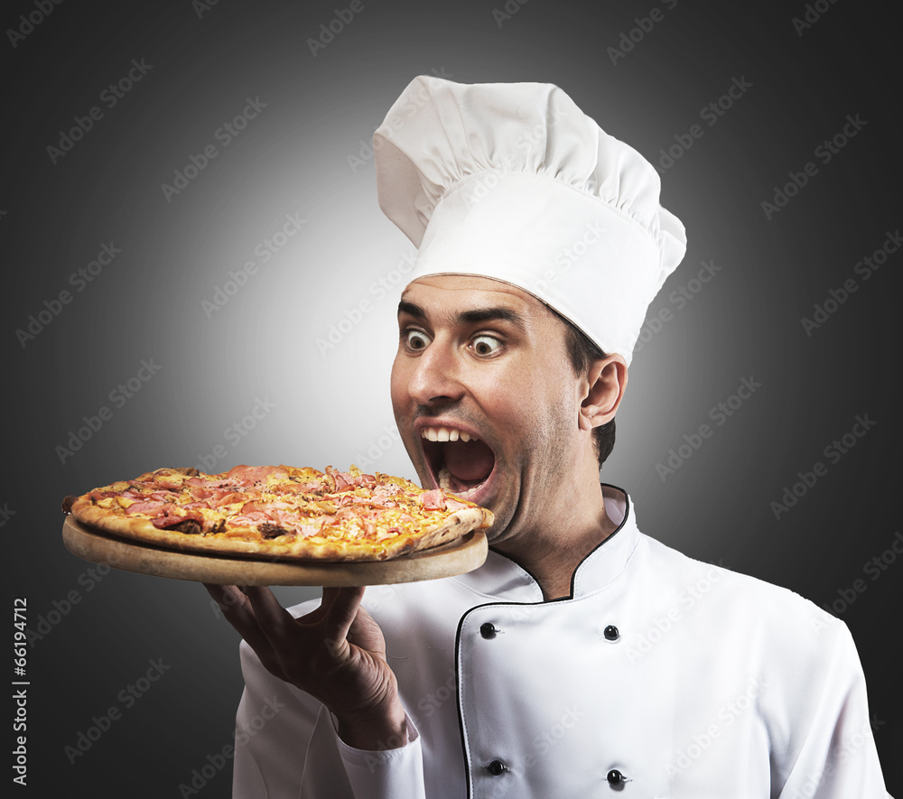 Funny portrait of a chef with opened mouth looking at pizza Funny portrait of a chef with opened mouth looking at pizza