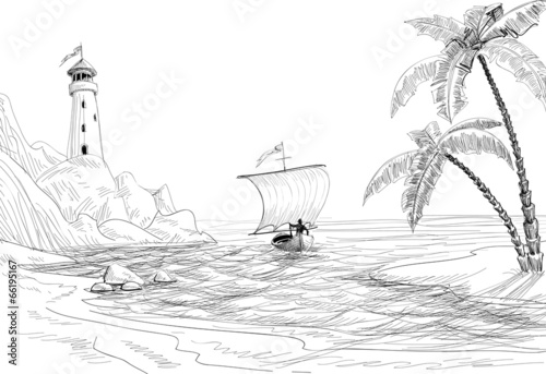 Seascape sketch, lighthouse, boat and palm trees