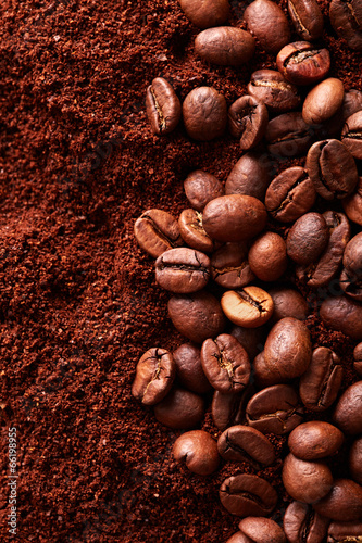 Ground coffee with coffee beans