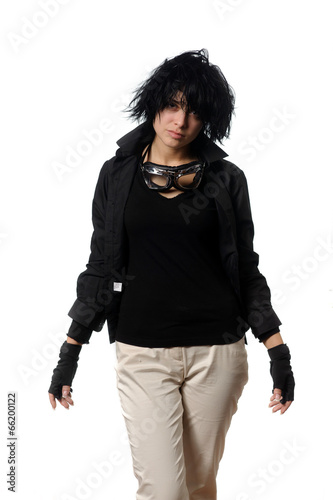 woman in black casual clothing with stylish galsses