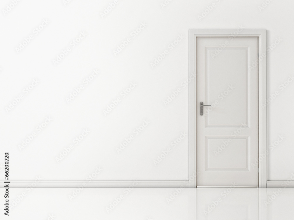 White Door on White Wall, Reflective Floor White Door on White Wall, Reflective Floor
