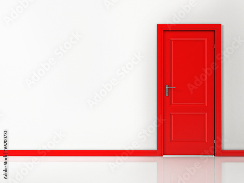Red Door on White Wall, Reflective Floor