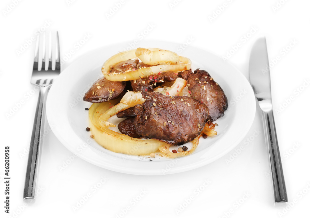 Appetizing fried chicken livers on plate isolated on white