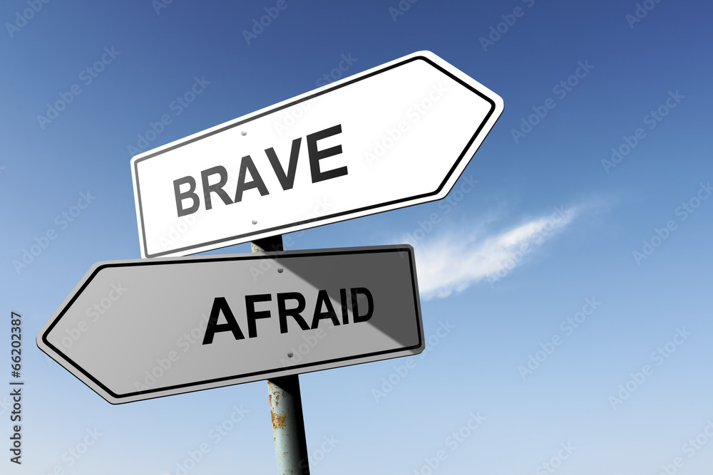 Brave and Afraid directions. Opposite traffic sign. Brave and Afraid directions. Opposite traffic sign.