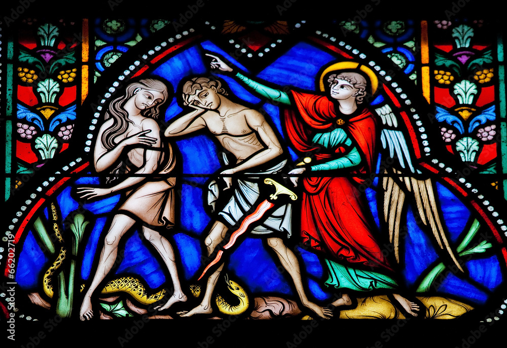 Adam and Eve expelled from the Garden of Eden - stained glass
