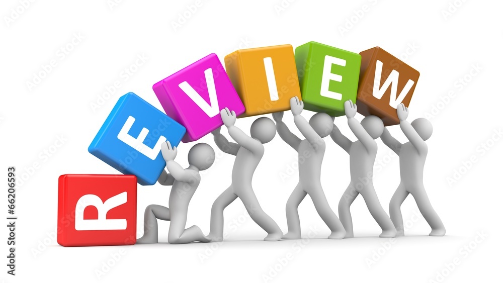 Group of people hold cubes with text review Group of people hold cubes with text review