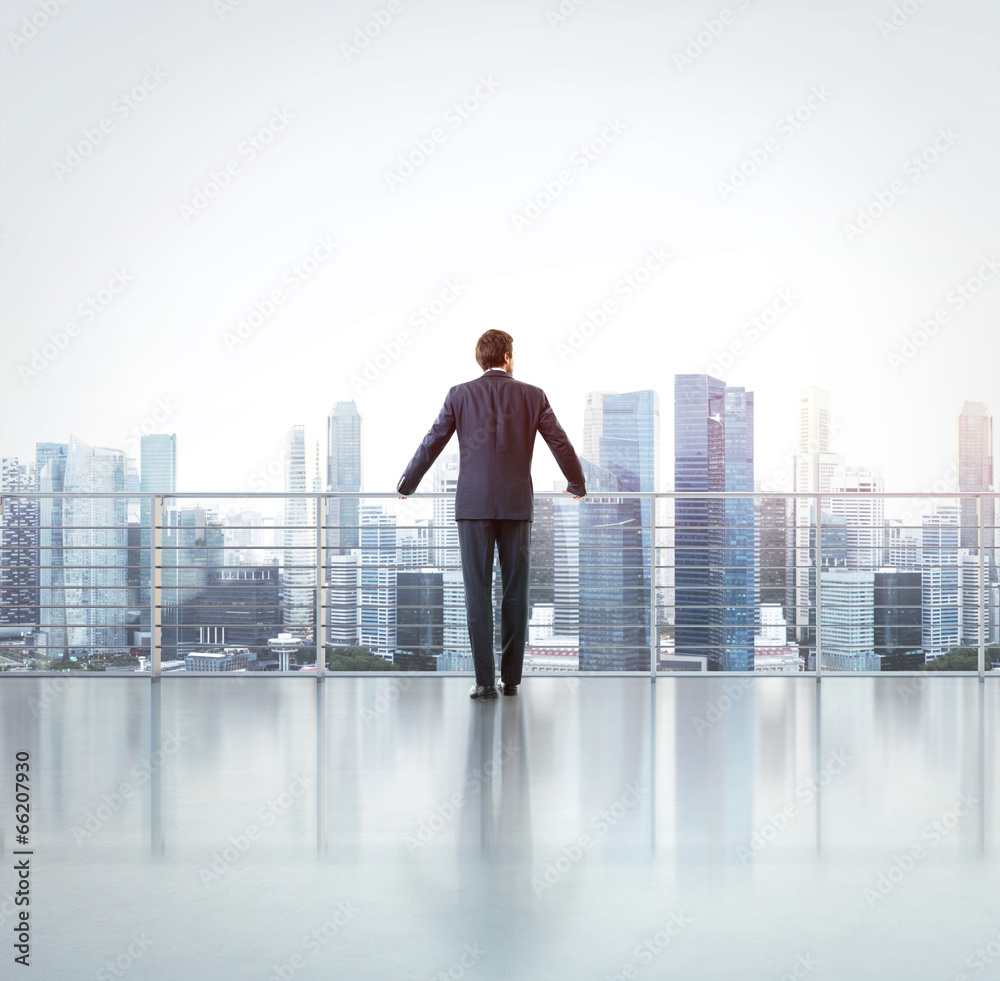Businessman standing on a roof and looking at city