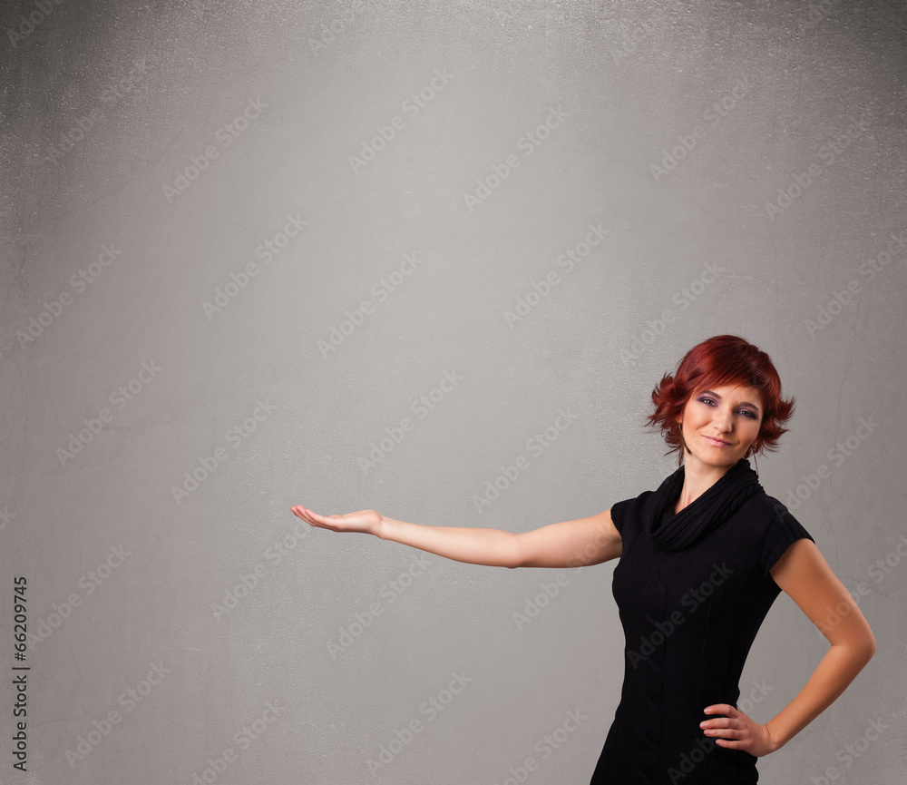Pretty woman presenting an empty copy space Pretty woman presenting an empty copy space
