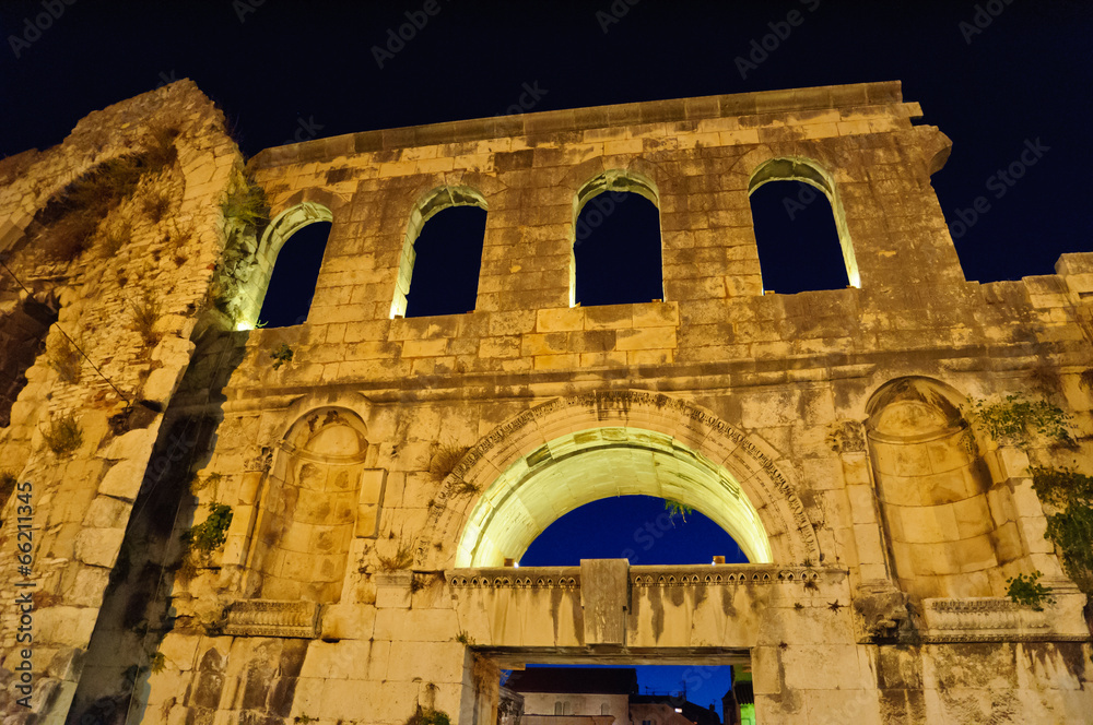 The Palace of Diocletian at night in Split, Croatia