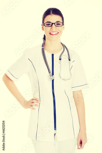 Young beautiful doctor  nurse with stethoscope.
