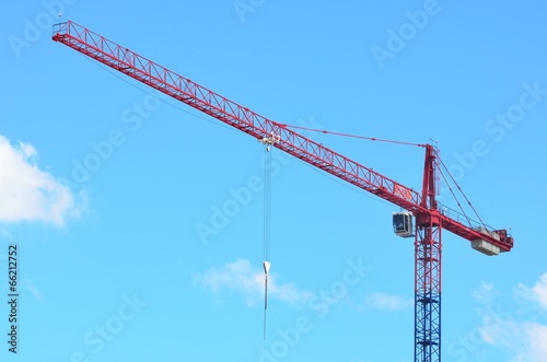 Red and blue construction crane