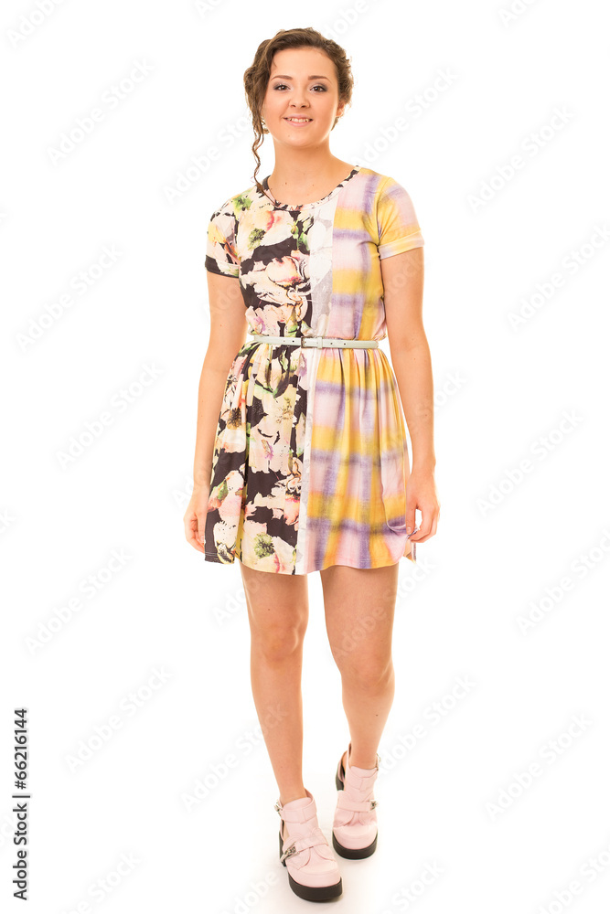 Brunette Woman In Colourful Dress Brunette Woman In Colourful Dress