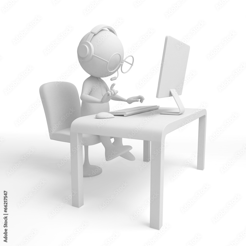 Fototapeta premium 3d white character. Operator - programmer. Isolated on white