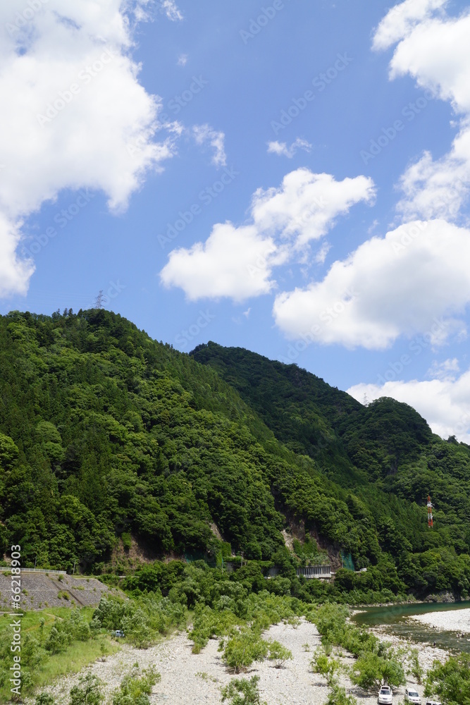 Obraz premium 新緑の山並みと清流天竜川