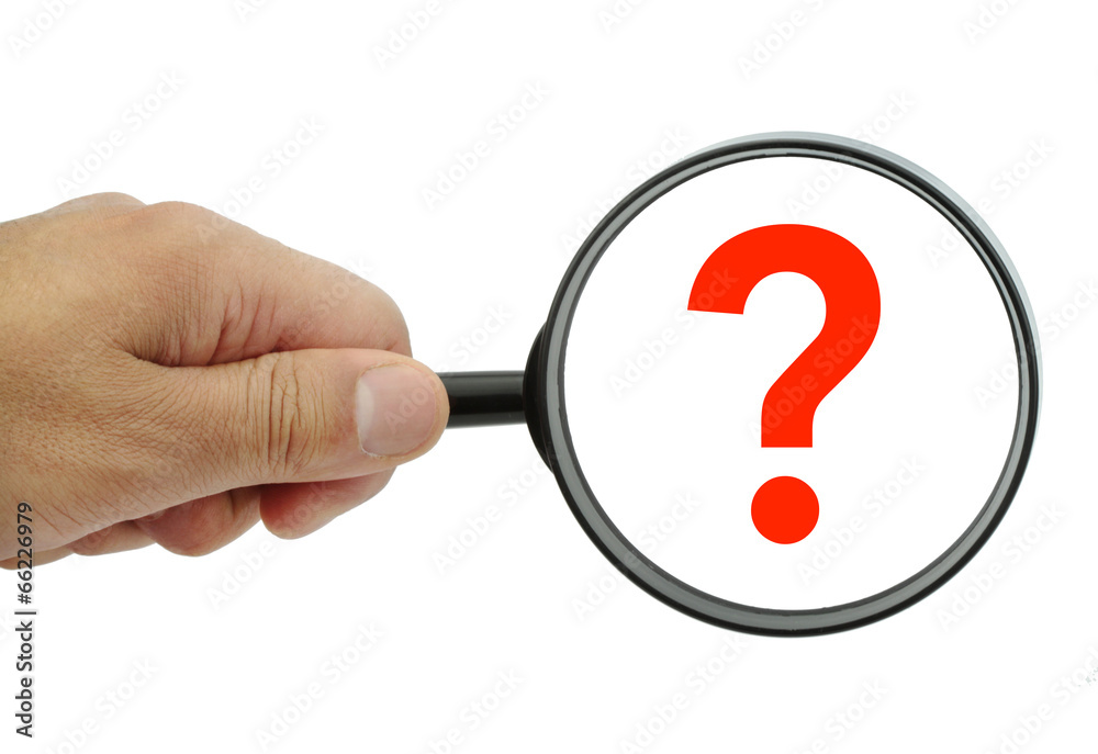 Magnifying glass with red question mark on white background Magnifying glass with red question mark on white background