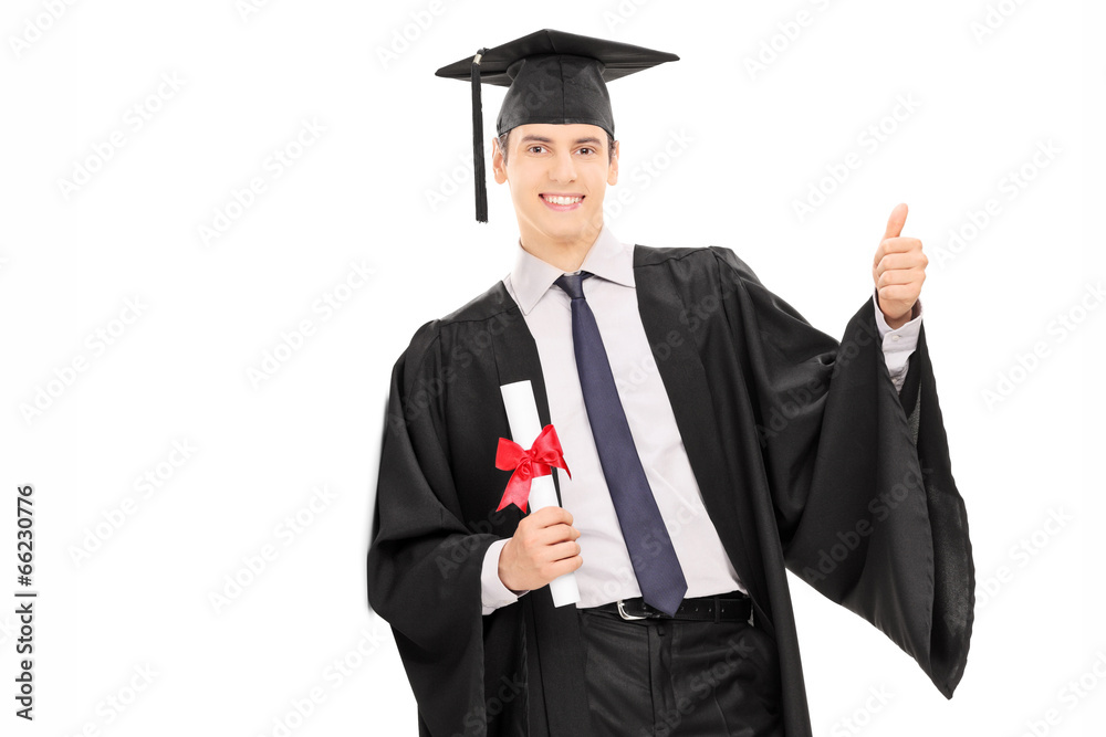 Male graduate holding diploma and giving thumb up Male graduate holding diploma and giving thumb up