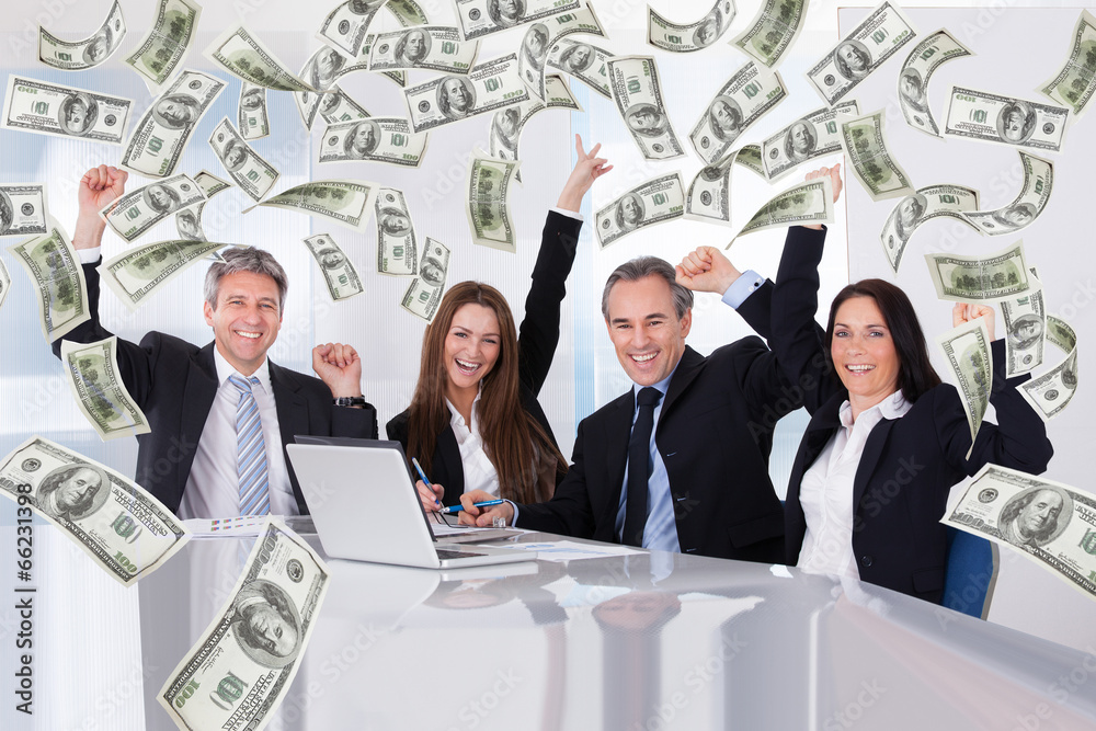 Business People With Money Rain In Conference Room Business People With Money Rain In Conference Room