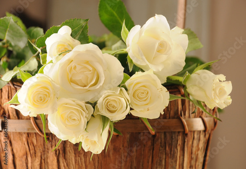Białe róże w koszyku