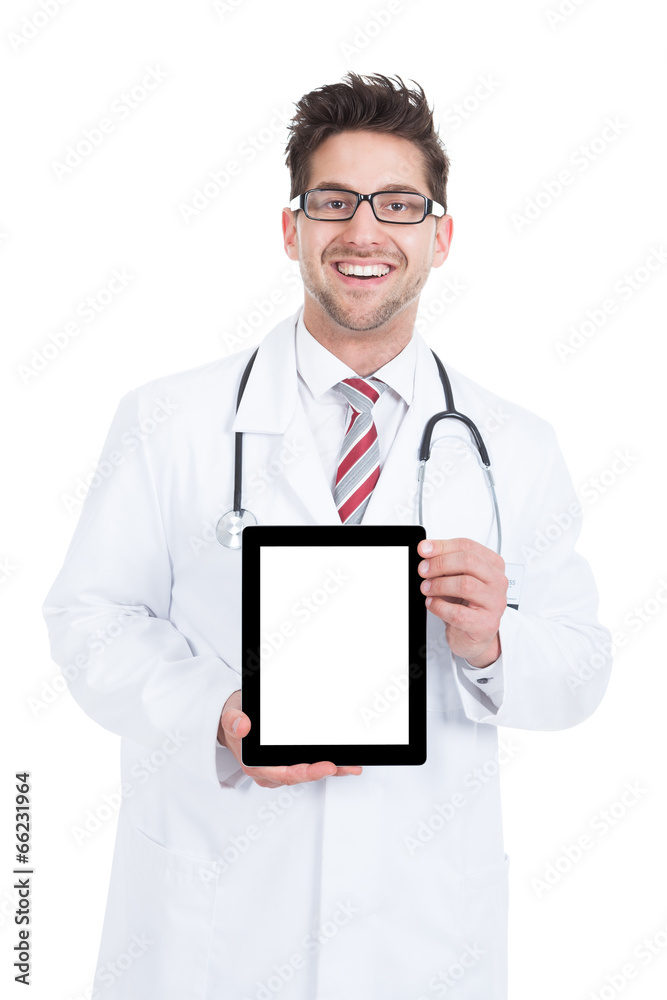 Smiling Young Male Doctor Displaying Digital Tablet Smiling Young Male Doctor Displaying Digital Tablet