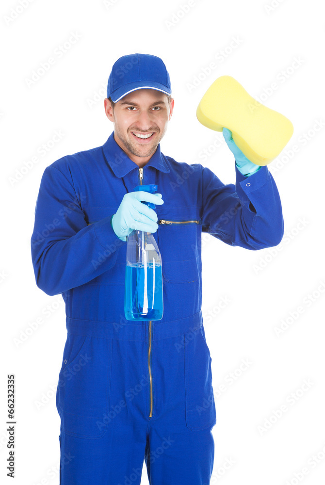 Servant Holding Cleaning Spray And Sponge