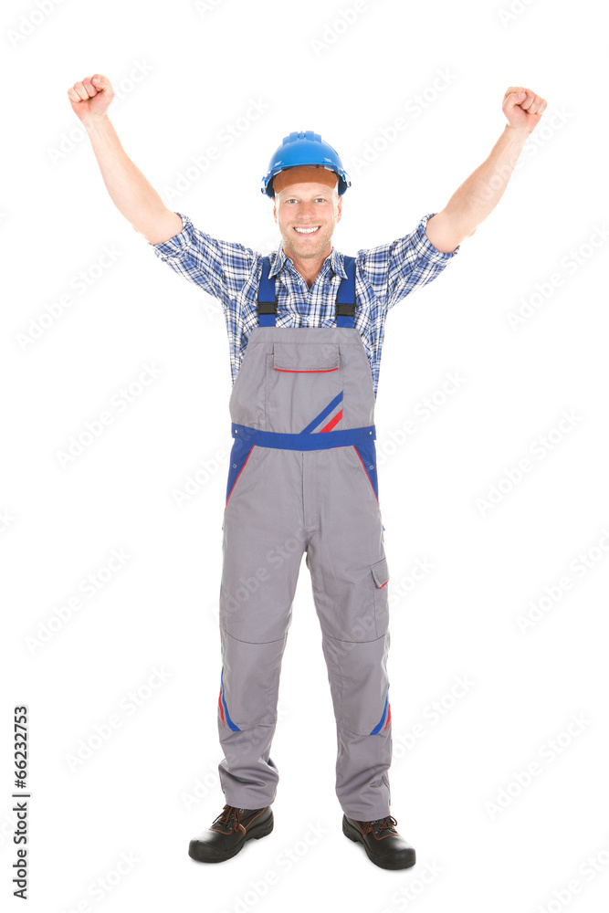 Manual Worker Screaming With Hands Raised