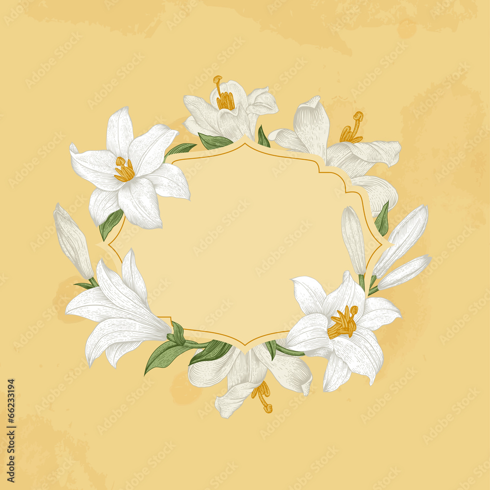 Vintage floral frame with white royal lilies