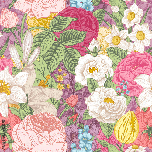 Seamless vector vintage pattern with garden colorful flowers.