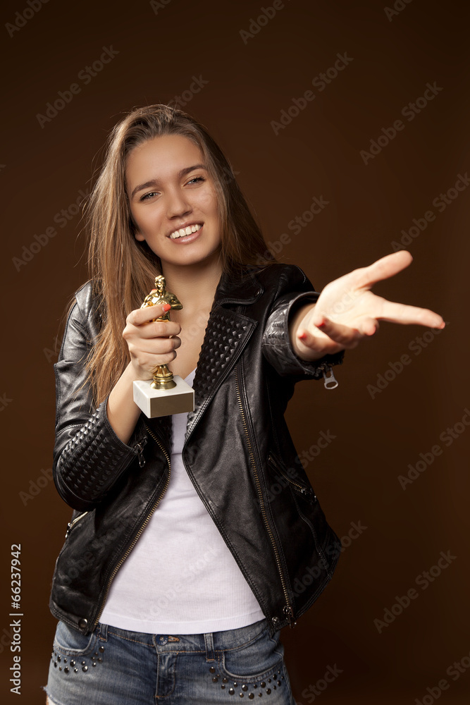 Half-length portrait of woman keeping gold statue98 Half-length portrait of woman keeping gold statue98