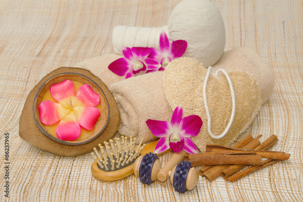 Spa massage setting with rolled, towel, compress balls and aroma Spa massage setting with rolled, towel, compress balls and aroma