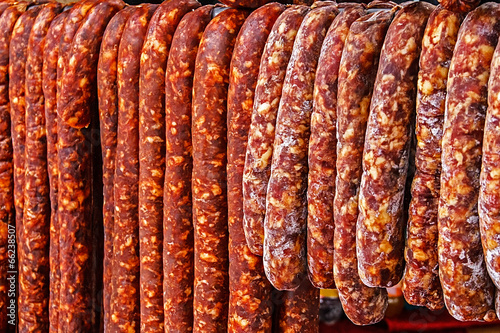 Romanian sausage placed to dry