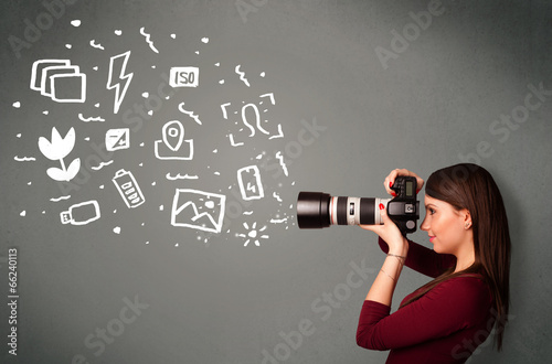 Photographer girl capturing white photography icons and symbols
