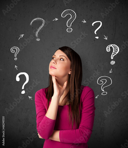 Fotografie Young woman thinking with question mark circulation around her h