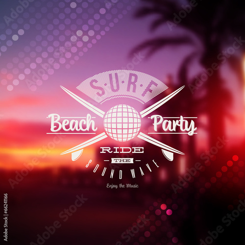 Surf beach party type sign against a tropical sundown