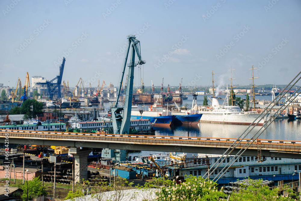 Odessa sea port with cranes and ships