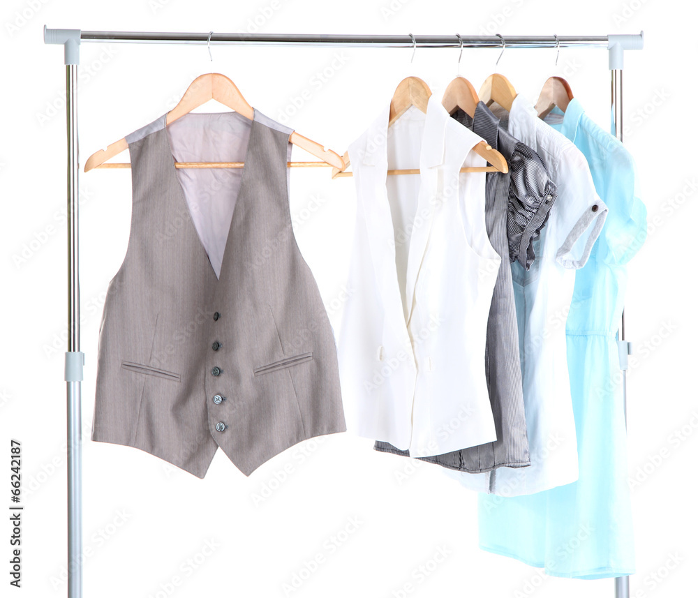 Office clothes on hangers, isolated on white Office clothes on hangers, isolated on white