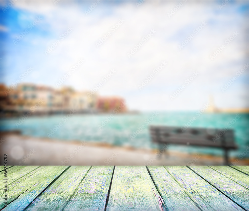Fototapeta premium Empty wooden table. Features park, garden, nature, natural. Botanical, wildlife, outdoors concepts. Commercial stock background for advertising, editorial, branding, and print projects.
