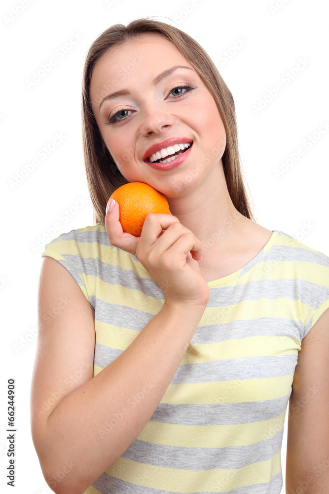 Beautiful girl with orange, isolated on white Beautiful girl with orange, isolated on white