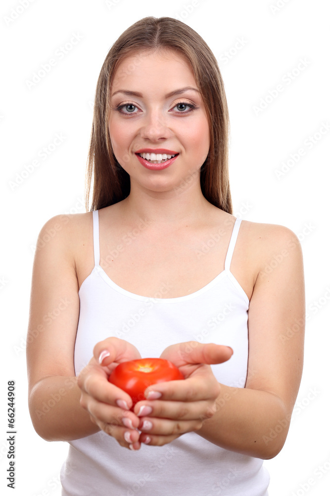 Beautiful girl with tomato, isolated on white Beautiful girl with tomato, isolated on white